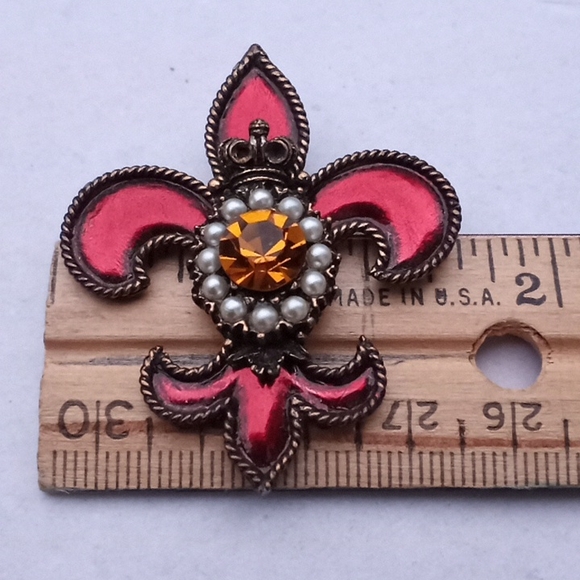 VINTAGE Weiss Jeweled Enameled Regal Fleur de Lis Brooch Pin - Picture 9 of 12